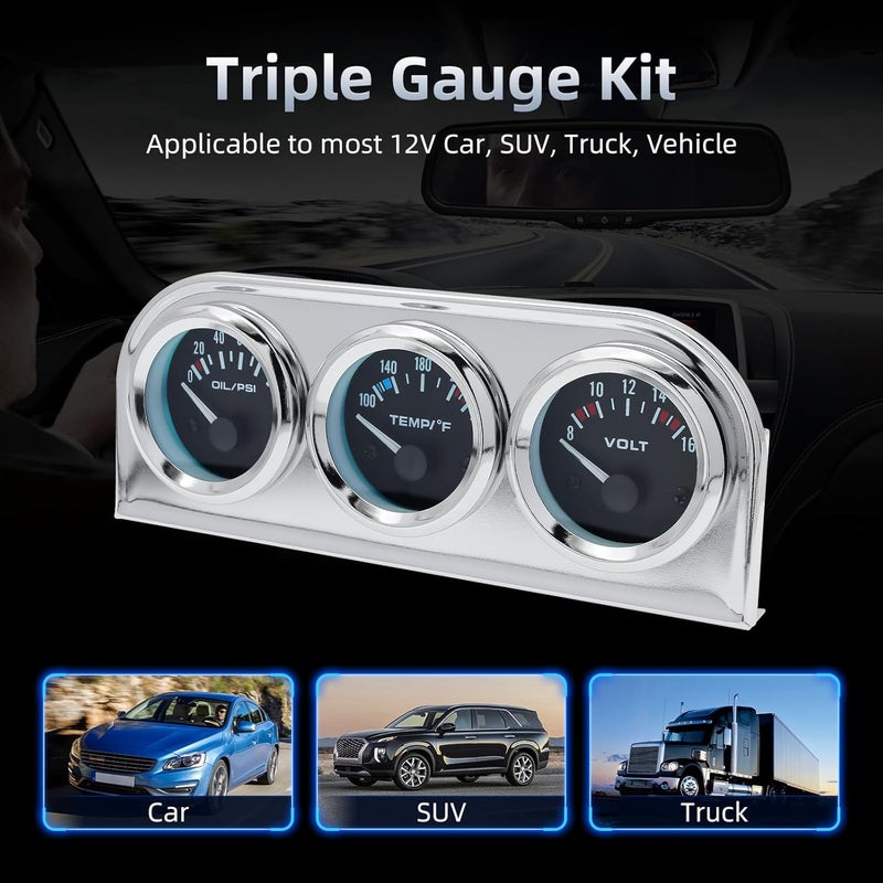 ARTILAURA 52mm Triple Gauge Set (Oil Pressure + Water Temp + Volt) 3 in1 Black AUTO Gauges 3 Set Cluster Kit Dashboard with Silver Console for 12V Cars - Image 4